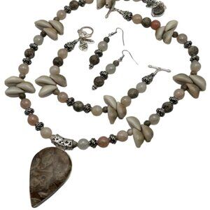 Handmade Jewelry Set ~ Deer Fawn Jasper, Moonstone, Fossilized Maifanite & Shell